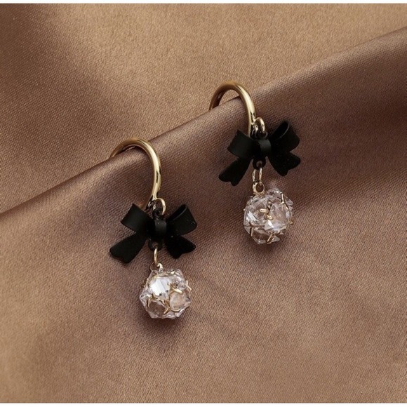 The Unbranded Brand Jewelry - Black Bow Clear CZ Crystal Ball Dangle Hoop Earrings Gold Accent Fine Jewelry